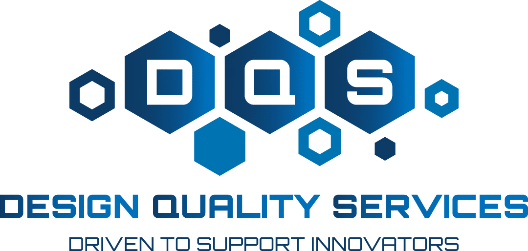 Logo with hexagons spelling "DQS", and text "Design Quality Services: Driven to Support Innovators" below.
