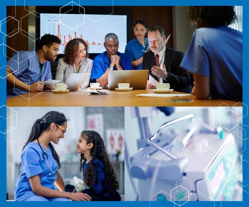 Medical team meeting, nurse comforting a child, and a close-up of medical equipment in a hospital setting.
